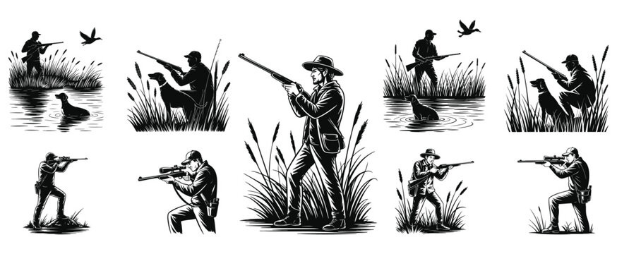 Diverse illustrations of hunters and dogs in natural habitats, engaged in various hunting scenarios.