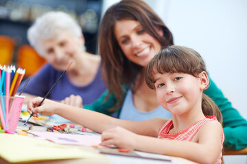 Fototapeta premium Portrait of grandma, parent and child painting in home, craft and creativity development for bonding. Teach motor skill, family fun and women in living room for connection, recreation or art activity