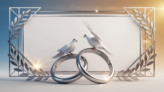 Wedding Rings with Doves - Two silver wedding rings are interlocked with a white dove perched on them and another in flight.