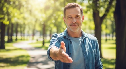 Friendly Middle Aged Man Extending His Hand for a Handshake in a Sunny Green Park