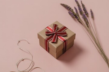 A beautifully wrapped gift box with lavender and twine on a pink background