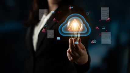 Cloud computing with alert icons and security elements, representing real-time threat detection,...