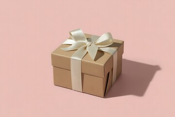 A beautifully wrapped gift box with a shimmering white ribbon on a pink backdrop