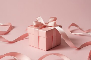 A pastel pink gift box with a satin ribbon on a soft background
