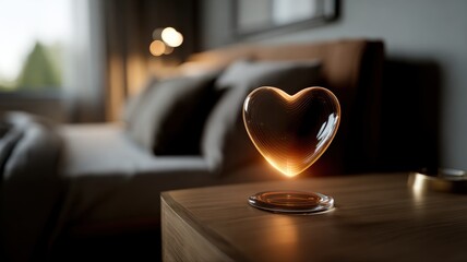 Glowing Holographic Glass Heart Floating on Bedside Nightstand