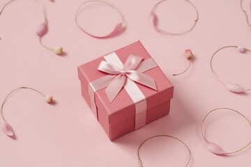 A pink gift box with a ribbon surrounded by floral accents