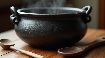 A close-up shot of a traditional cast-iron cauldron (чугунок) resting on a wooden table. The dark, rugged surface of the cauldron is illuminated by soft natural light, highlighting its weighty craftsm