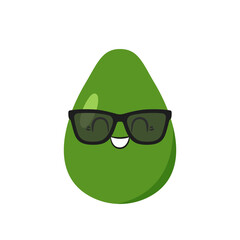 Cute avocado with glasses, fun cartoon character, tasty and healthy fruit, big eyes, emotions joy delight, happy smiling face, kawaii style, icon vector children's illustration.