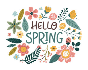 Fototapeta premium Hello Spring Colorful Floral Typography Vector Illustration Isolated on White Background