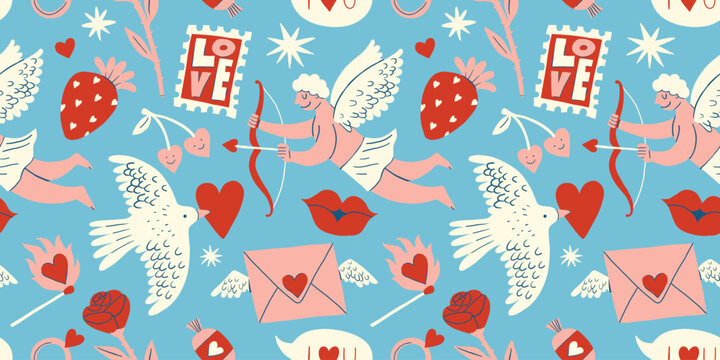 Funny vintage cartoon cupid character seamless pattern. Retro romantic valentine's day background. Cute flying dove, red hearts, envelope endless pattern for textile, fabric, wallpaper, banner. Love