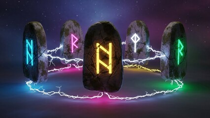 Ancient runes with glowing symbols in a mystical setting