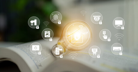 Explore the concept of smart home security featuring locked icons for various connected devices, emphasizing technology integration and safety in modern living spaces. Gantry