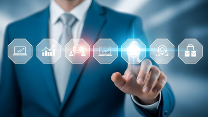 Businessman interacting with futuristic digital interface
