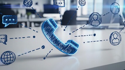 Communication Network Visual - A blue sketch of a phone receiver sits on a white surface, connected by dotted lines to drawings of people, a globe, and a chat bubble. - Powered by Adobe