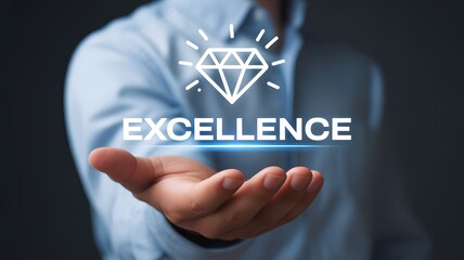 Excellence concept, service excellence, high quality service, customer experience, increased customer satisfaction and loyalty. businessman holding diamond icon on virtual screen.