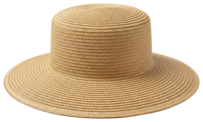 Wide-brimmed natural beige straw hat for summer sun protection isolated on a transparent background