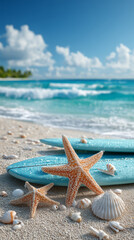 Blue surfboard and beach shells