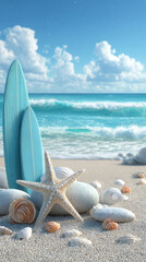 Blue surfboard and beach shells