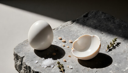 Minimalist still life featuring two white eggshell halves on grey limestone - Concept of Easter  