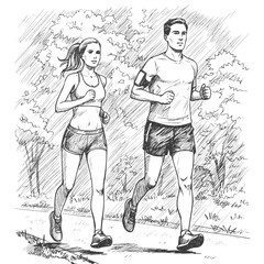 Running man and woman, isolated vector silhouettes. Run, side view. Pencil sketches of athletic looking male and female runners running. Transparent background SVG version.