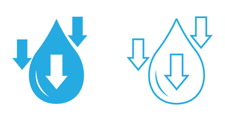 Low water level icon vector. Down water level sign. Water drop icon with arrow. Water drops are falling downwards. Vector illustration. 