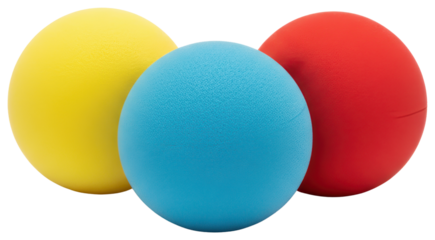Three colorful soft foam stress balls isolated on a transparent background