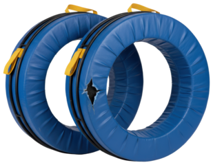 Blue padded sports tackling rings with visible torn foam damage isolated on a transparent background