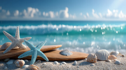 Blue surfboard and beach shells