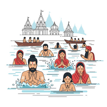People bathing in river with temple.