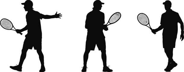 Male tennis player silhouettes holding racket in different poses, professional tennis sport action isolated on white background studio
