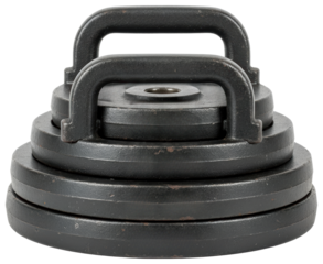 Stack of black cast iron weight plates for gym strength training isolated on a transparent background
