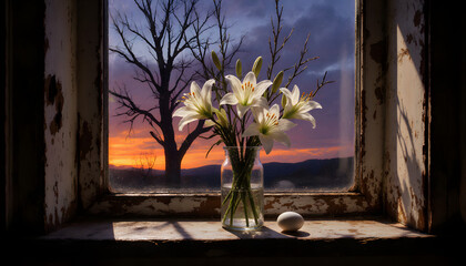 Easter bouquet of white lilies and willow branches in glass vase at sunset  