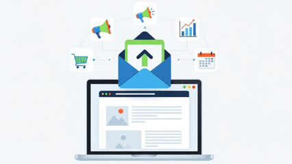 Email marketing strategy on laptop with icons of megaphone, shopping cart, and calendar