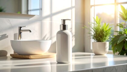 Fototapeta premium A sleek white bathroom sink and dispenser on a marble countertop, illuminated by natural light from a nearby window, with a potted plant nearby.