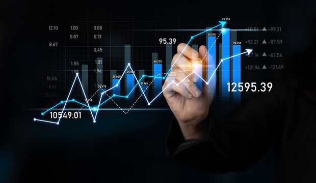 A close-up image showcasing a hand interacting with a digital stock market display, outlining trends and presenting financial data analysis in a modern business environment. Scalp - Powered by Adobe