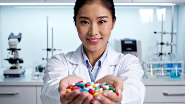 A scientist in a white lab coat presents a tray of pills toward the camera in a clinical lab, today