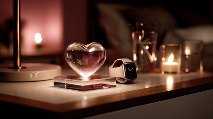Crystal heart figurine reflects candlelight on table with stylish watch
