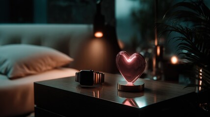 Pink glowing heart lamp stands on bedside table near smartwatch