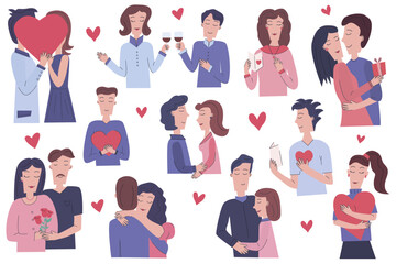 A collection of stickers of various couples, and just people in love hugging and sharing romantic moments surrounded by hearts. holiday stickers for Valentine's Day