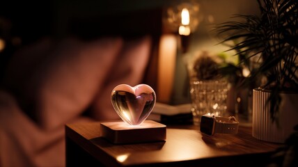 Warm glowing heart lamp creates cozy atmosphere on wooden desk