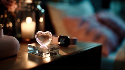 Modern glass heart souvenir illuminated on nightstand in blurred bedroom