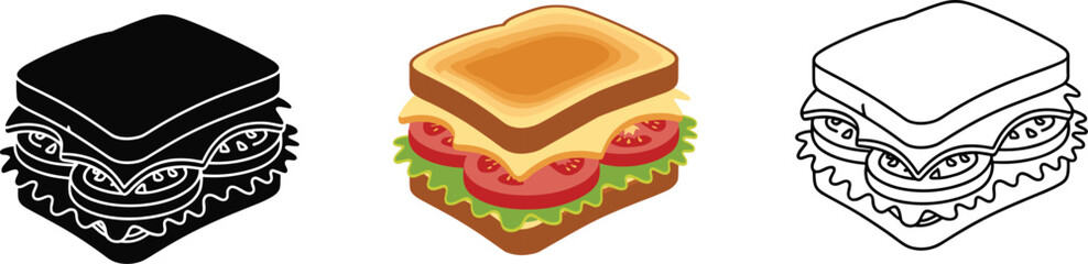 Sandwich icon set in solid color and outline styles fast food meal vector illustration tasty lunch design isolated