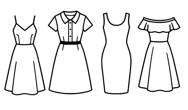 4 dress illustration icons in outline style, transparent background