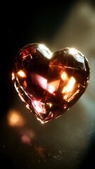 Sparkling diamond heart crystal reflecting warm golden cinematic light