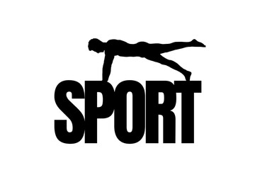 Graphic design featuring the word “SPORT” with silhouettes of sportsmen in action. Dynamic athletic illustration representing movement, competition, fitness, teamwork, and an active lifestyle.