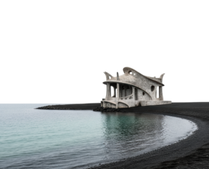 Surreal fantasy concrete architectural concept on dark coastal beach isolated on a transparent background