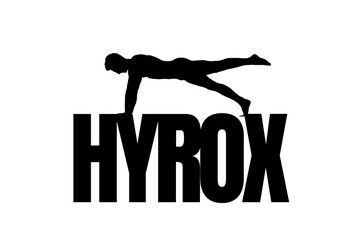 Graphic design featuring the word “HYROX” with silhouettes of strong muscular arms and athletic figures. Powerful, bold visual representing strength, fitness, endurance, and competitive training.