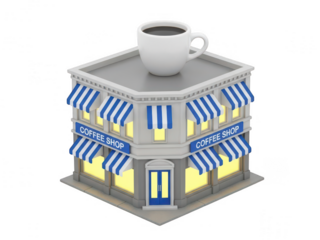 Charming coffee shop with blue stripes and warm lighting isolated on transparent background