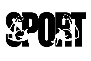 Graphic design featuring the word “SPORT” with silhouettes of sportsmen in action. Dynamic athletic illustration representing movement, competition, fitness, teamwork, and an active lifestyle.