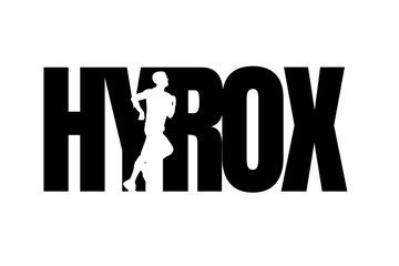 Graphic design featuring the word “HYROX” with silhouettes of strong muscular arms and athletic figures. Powerful, bold visual representing strength, fitness, endurance, and competitive training.